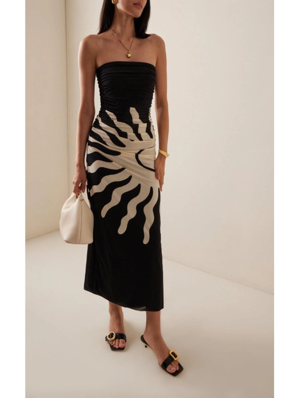Cala de la Cruz Strapless Maxi Dress M Black & Cream Jersey Ruching